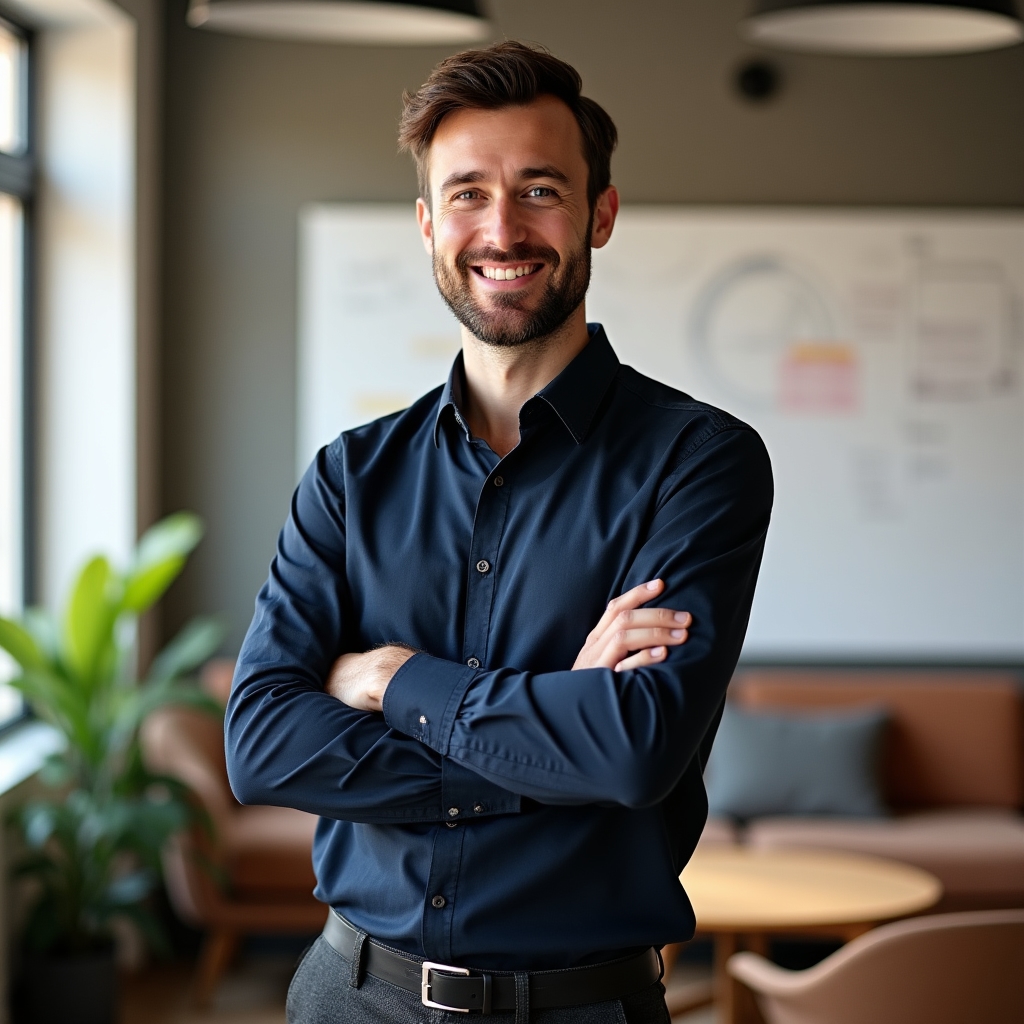 Facilitador del taller de negociación en postura relajada y profesional en espacio de trabajo moderno