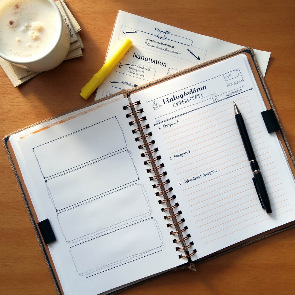 Materiales de trabajo del taller sobre mesa: cuaderno de ejercicios, bolígrafo y hoja de preparación de negociación