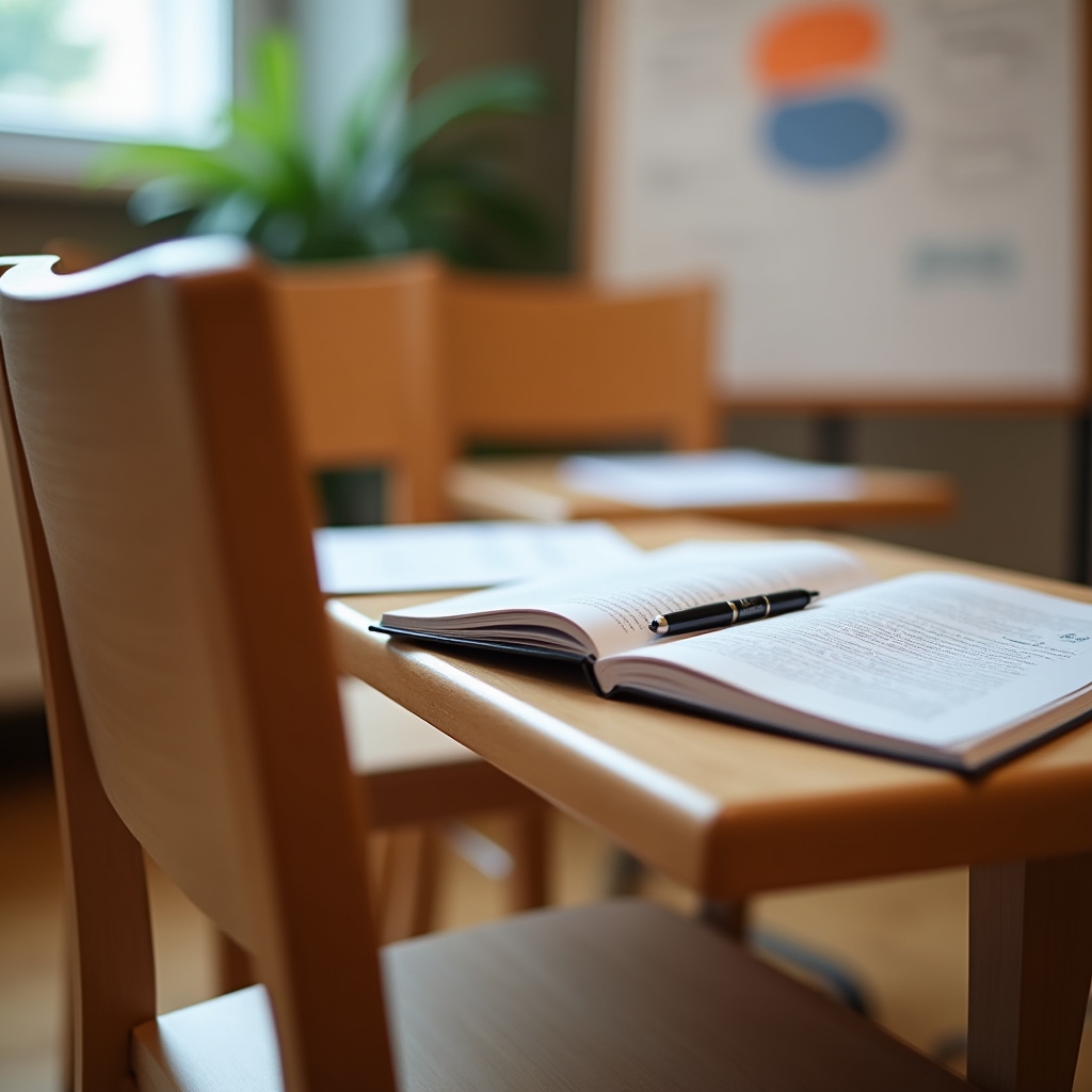Detalle de sala de formación con sillas, mesas y materiales de trabajo preparados para el taller