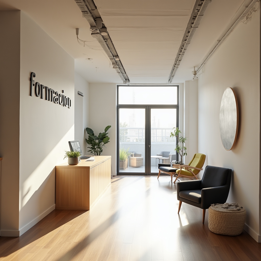 Entrada a espacio de trabajo moderno con recepción y zona de bienvenida luminosa