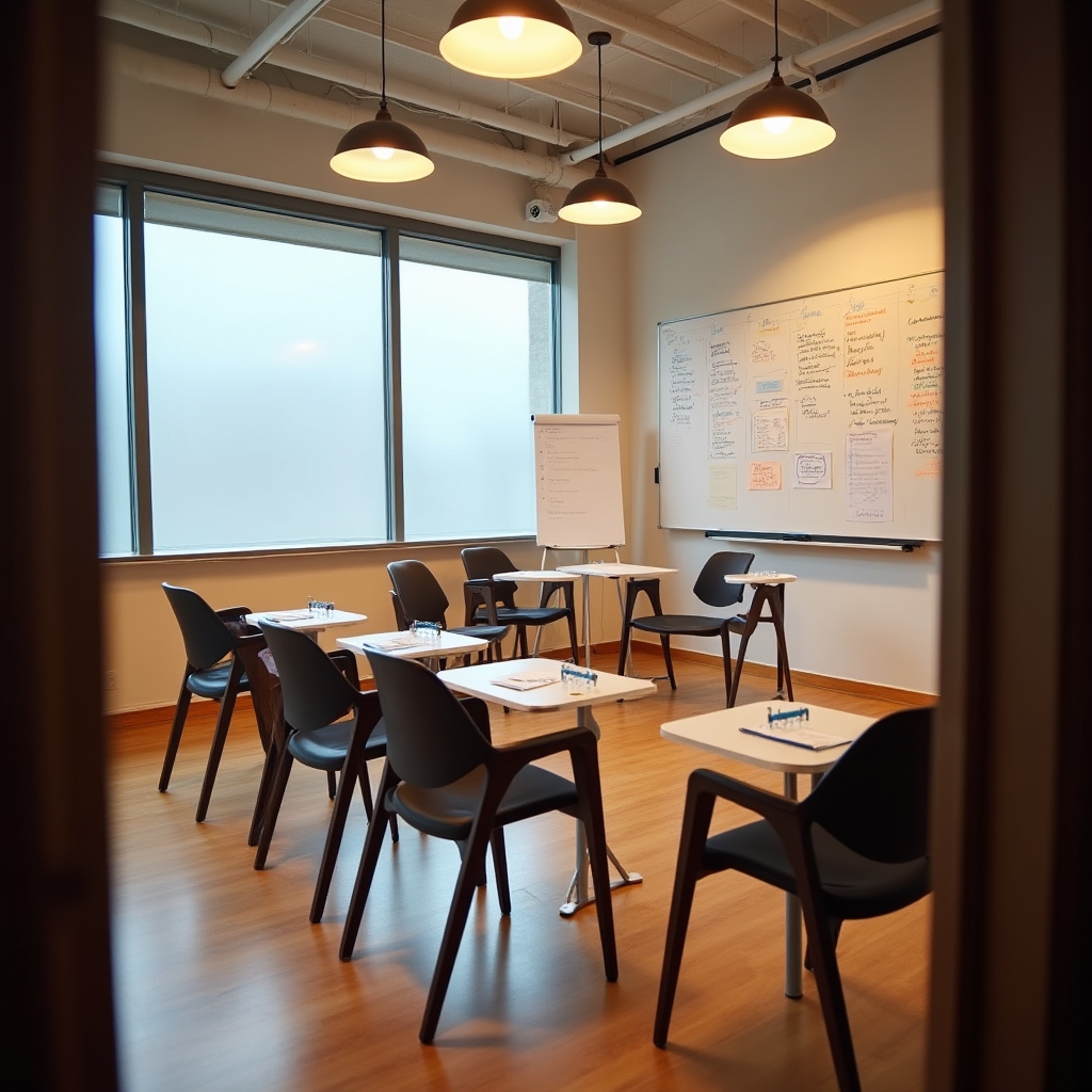 Sala de taller preparada con mesas en disposición de trabajo colaborativo, materiales y proyector